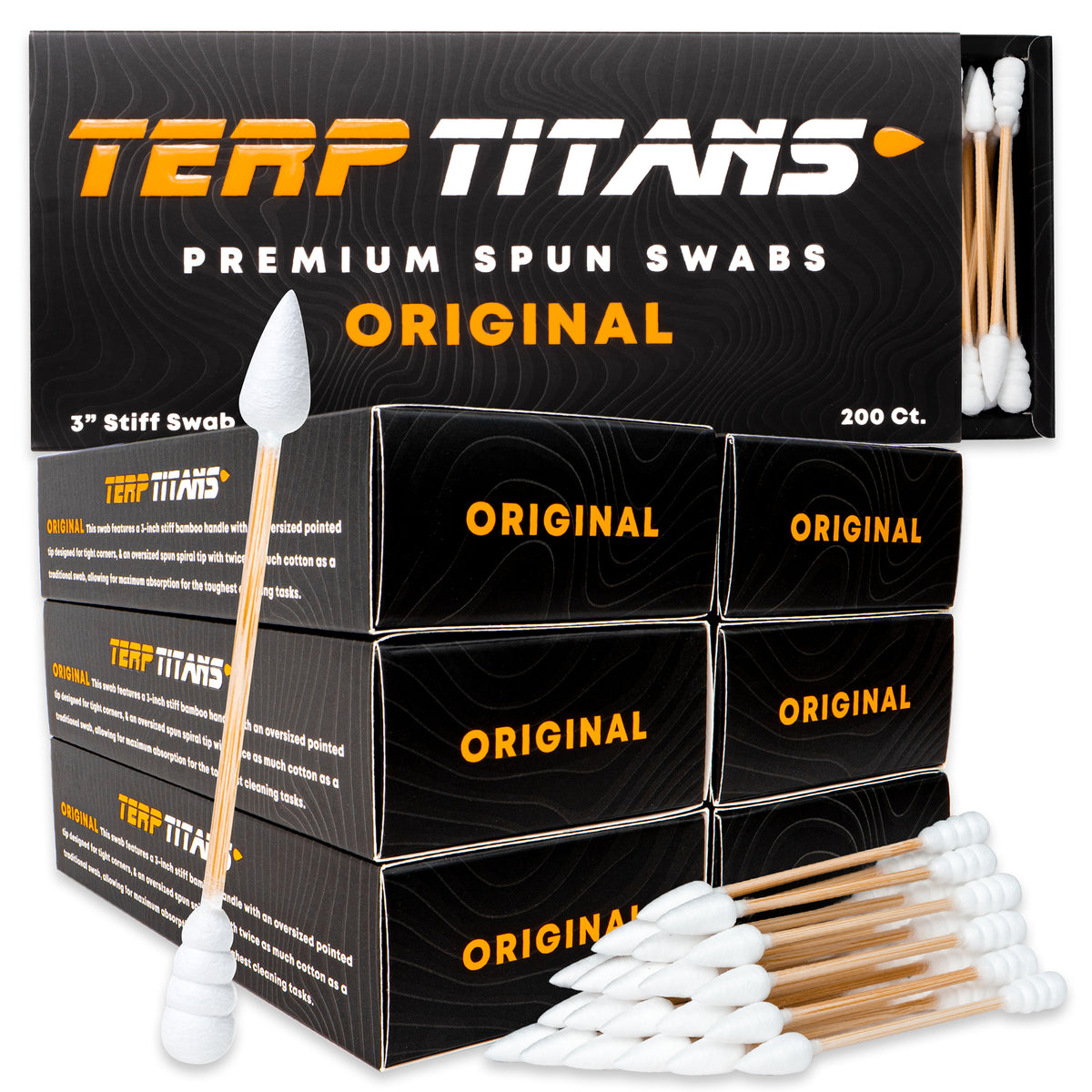 Box of Terp Titans Premium Spun Swabs with additional swabs on a white background