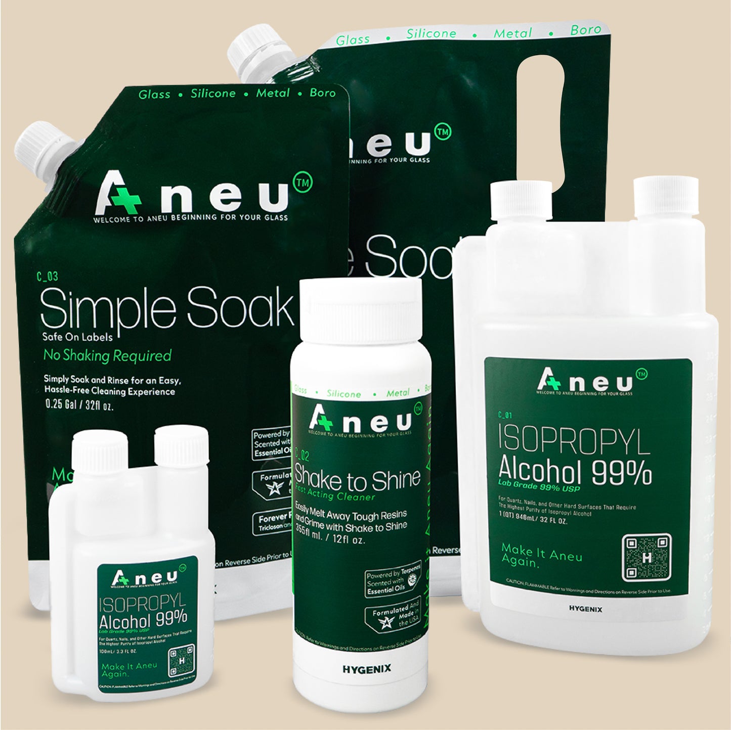 Aneu's cleaning line features simple soak, shake to shine, and isopropyl alcohol 99%. The best bong, pipe and rig cleaning solutions on the market.