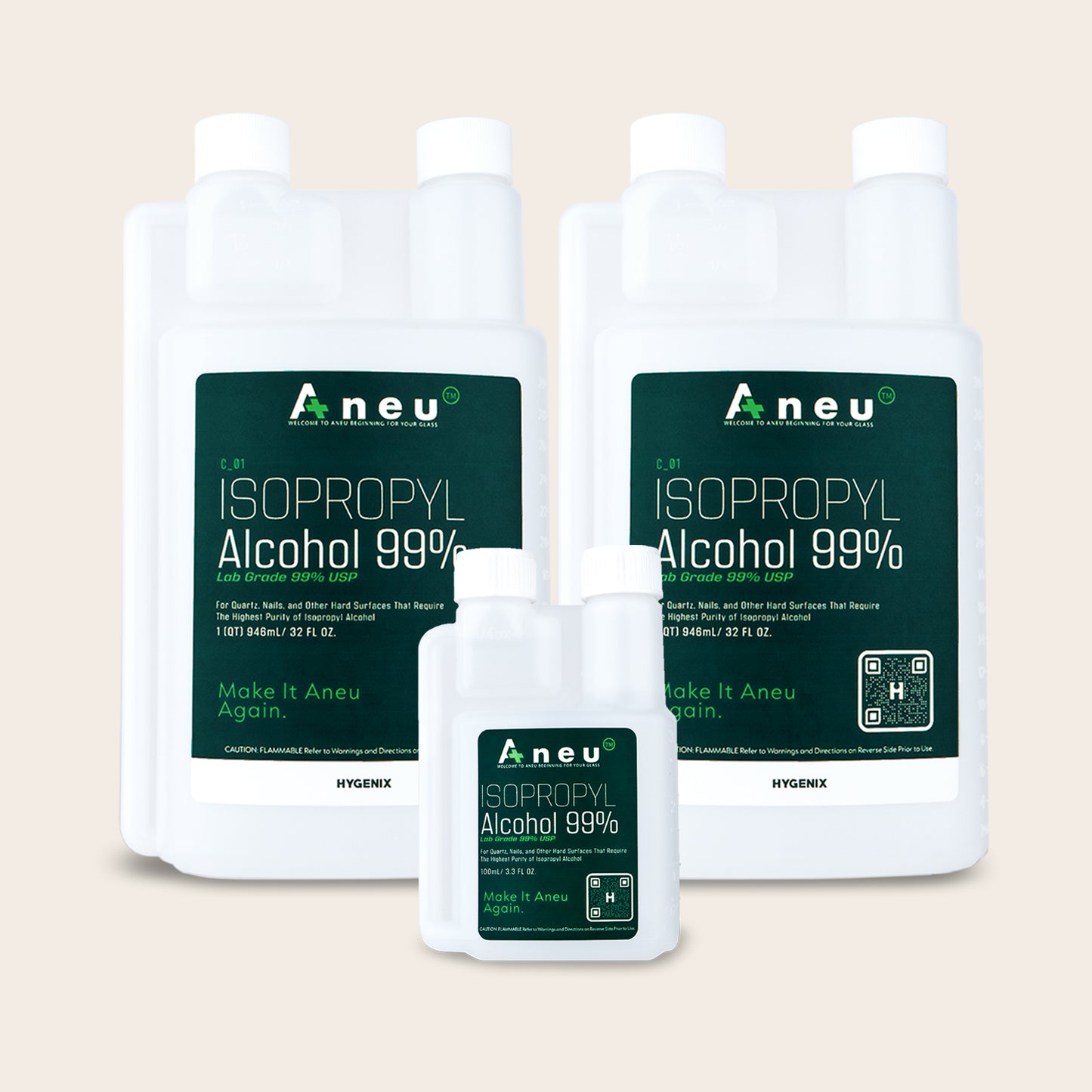 99% isopropyl alcohol 2 pack of 32fl oz and 1 pack of 100ml bottle.