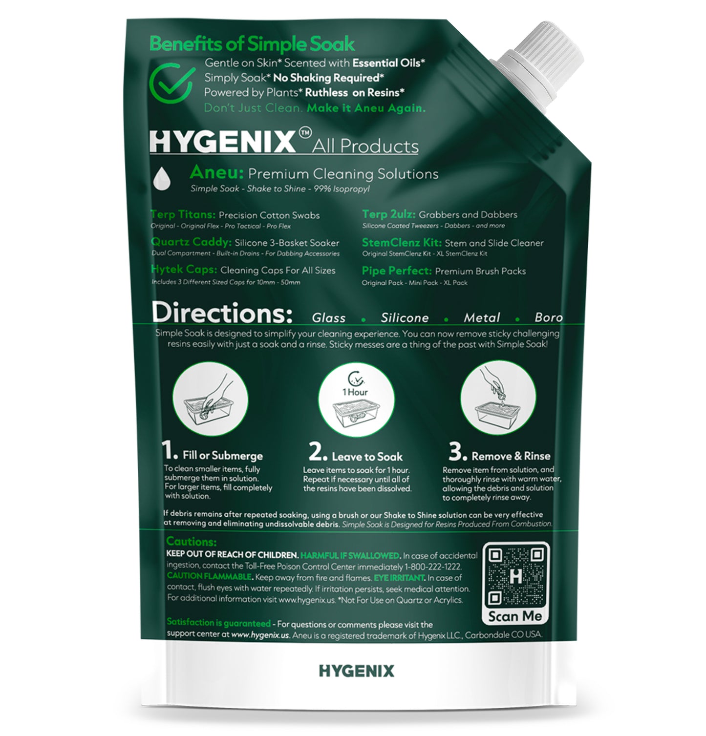 Hygenix cleaning solution packaging with directions and product details on a white background