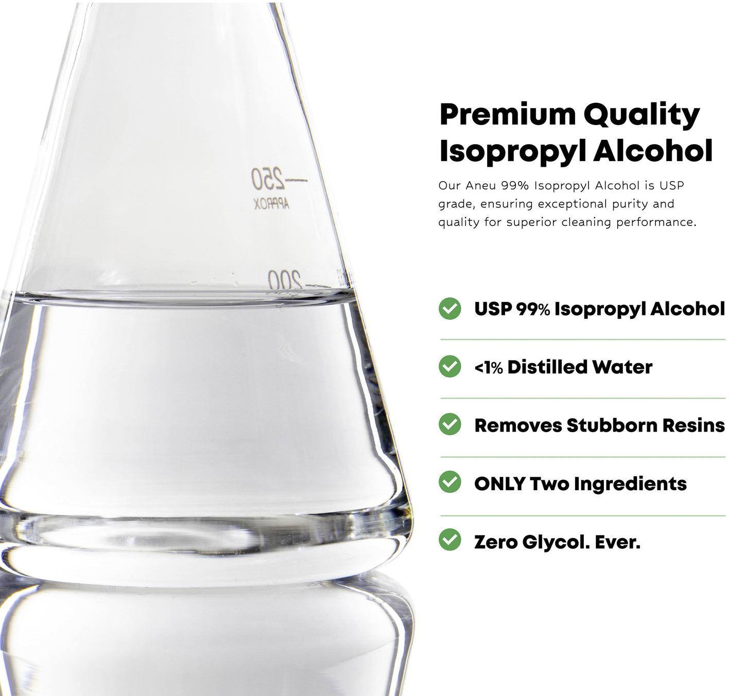 Image shows the qualities of the 99% Isopropyl alcohol such as usp 99% isopropyl alcohol and less than 1% distilled water. It works best of concentrate resins and never contains glycol which can damage quartz when exposed as higher temperatures.