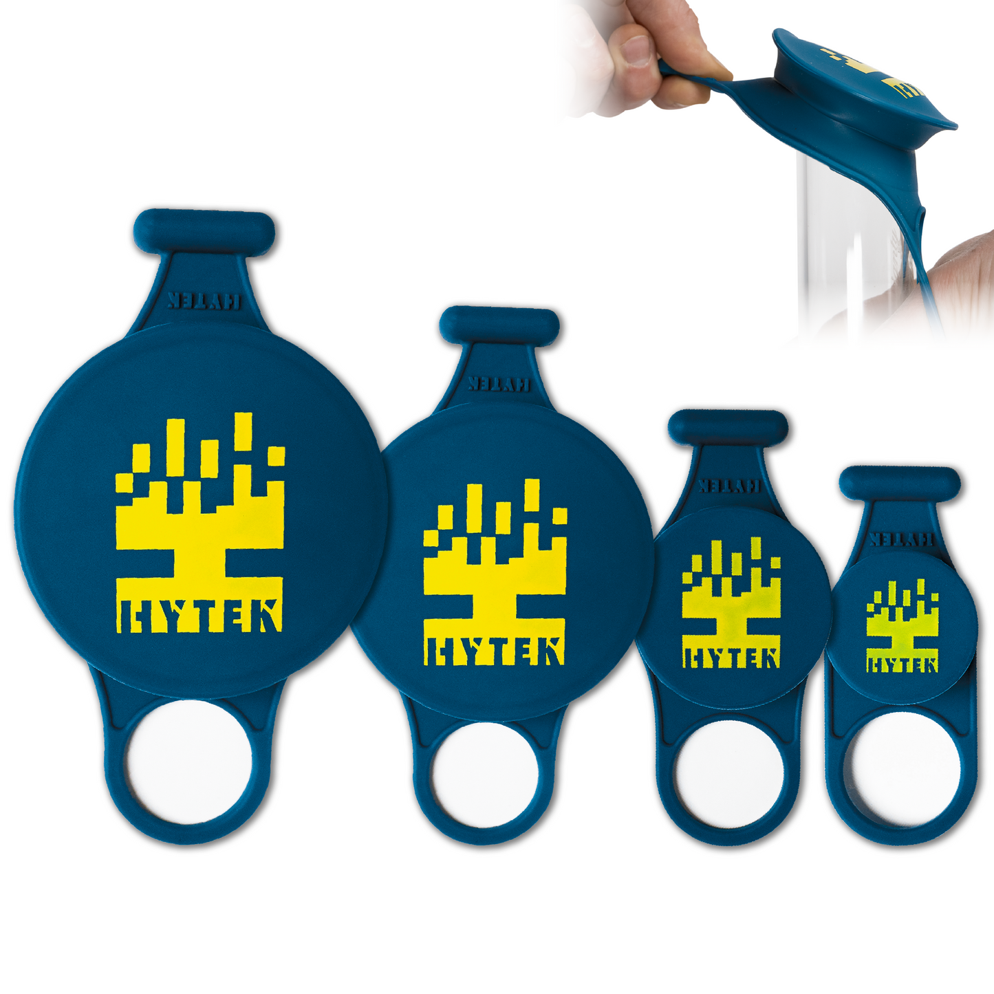 Blue silicone cleaning caps with yellow logo on a white background