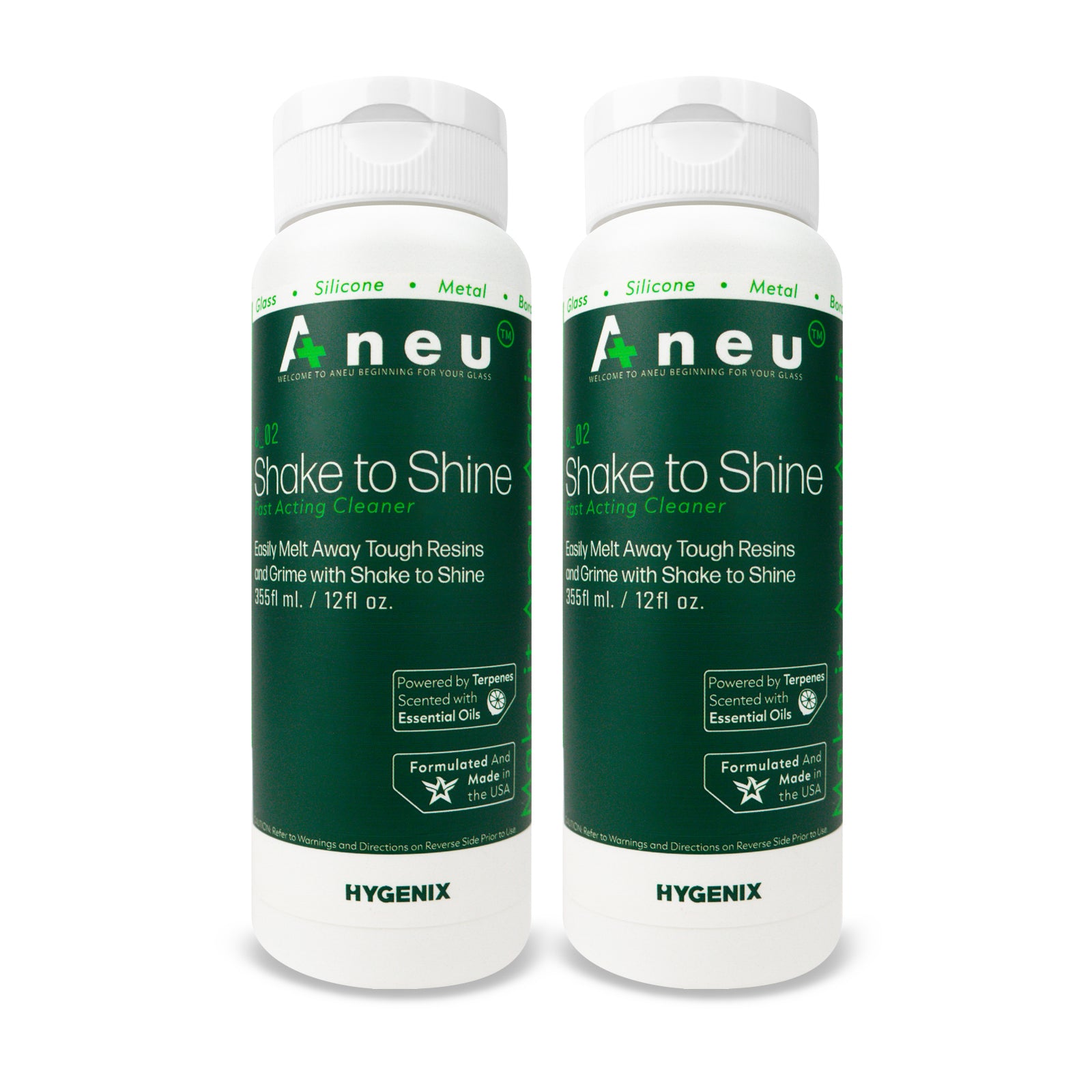 Two bottles of Aneu Shake to Shine cleaning cleaner on a white background
