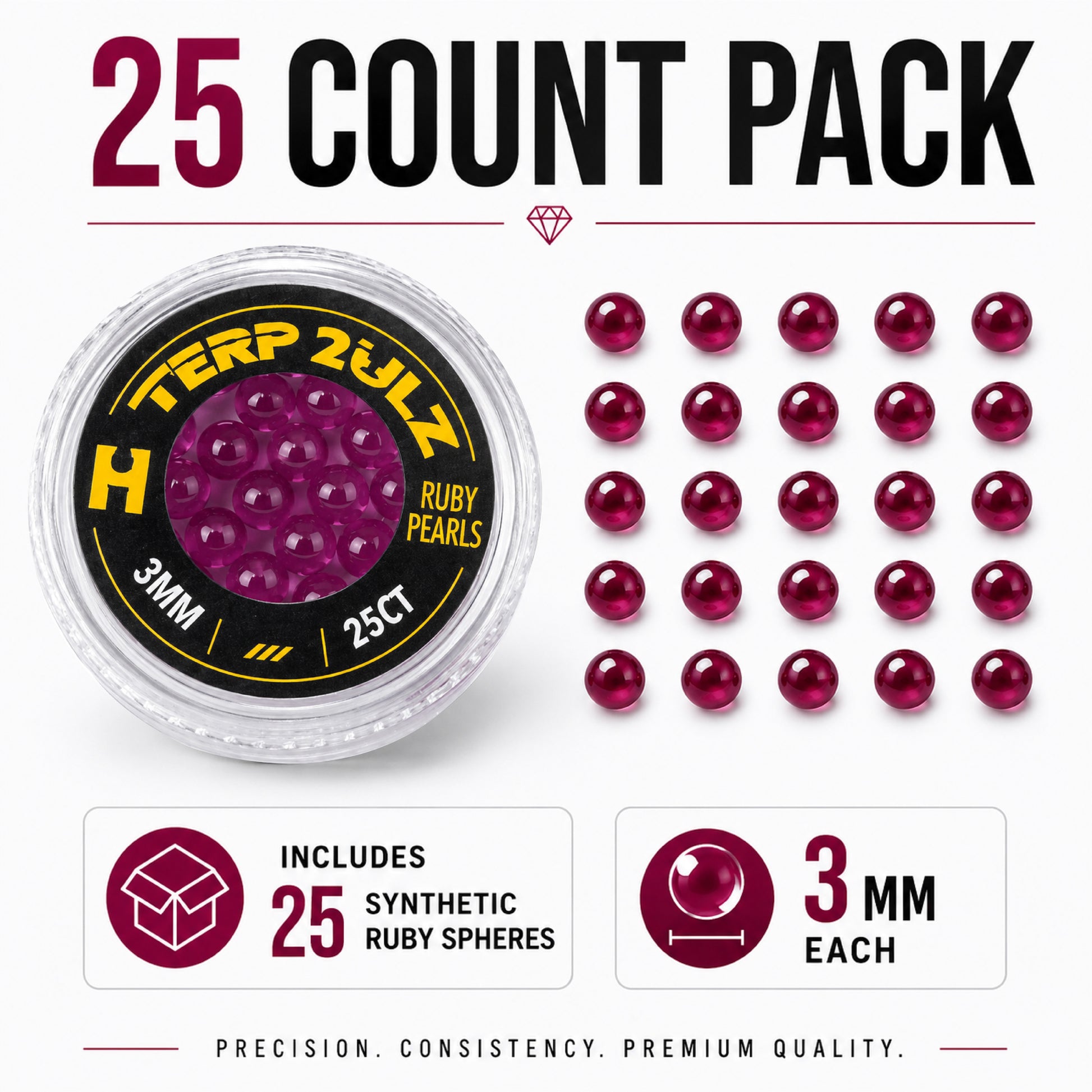 25-count pack of Terp 2ulz Ruby Pearls with a container and ruby spheres displayed.