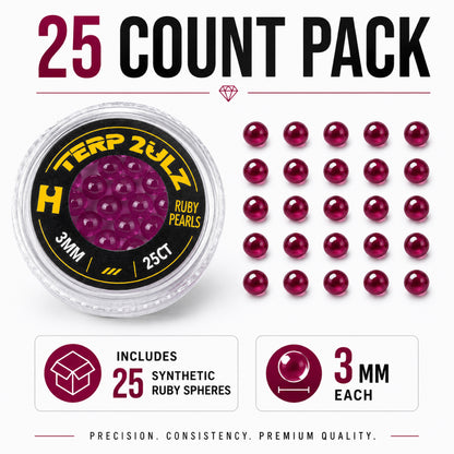 25-count pack of Terp 2ulz Ruby Pearls with a container and ruby spheres displayed.