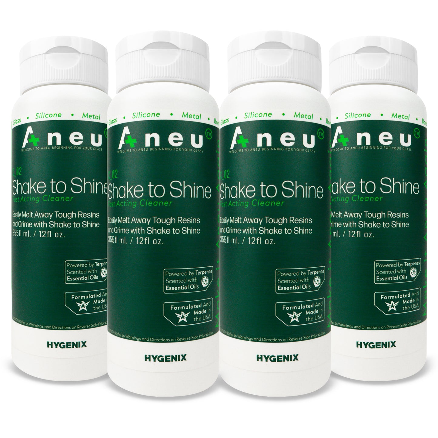 Four bottles of Aneu Shake to Shine cleaning cleaner on a white background