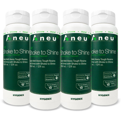 Four bottles of Aneu Shake to Shine cleaning cleaner on a white background