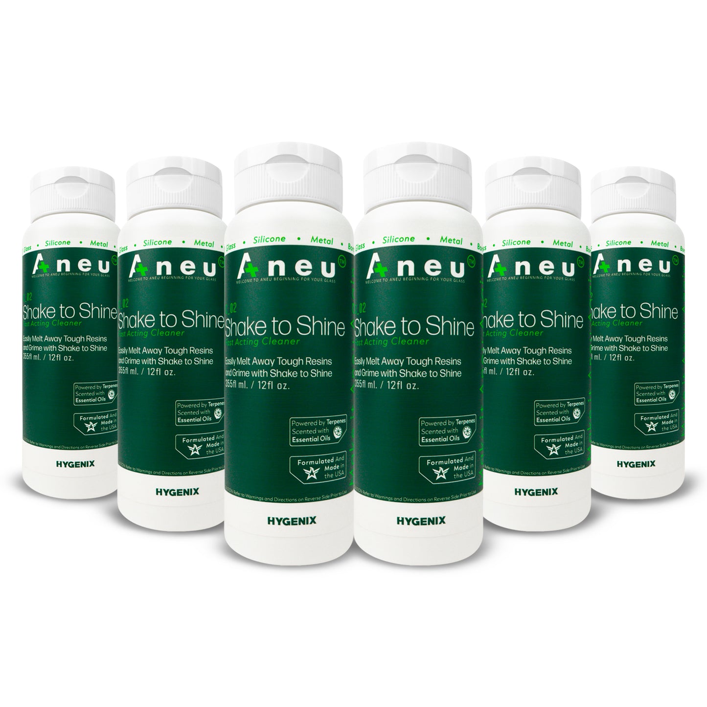 6 bottles of Hygenix Aneu product on a white background