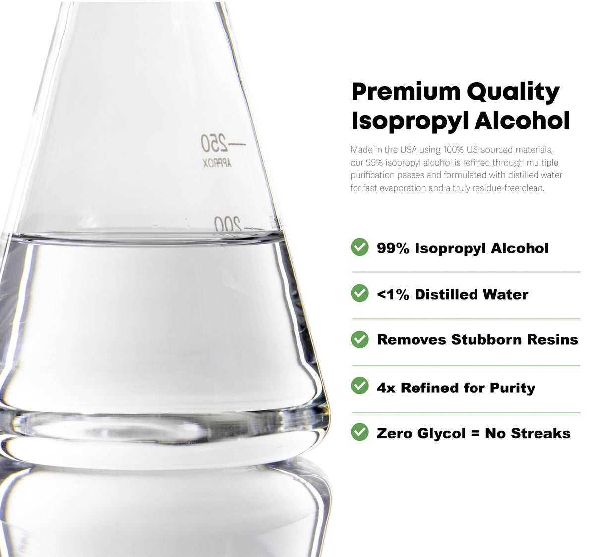 Clear container of isopropyl alcohol with text detailing its quality and features on a white background.