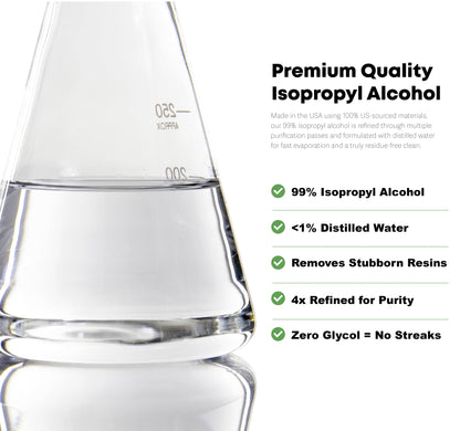Clear container of isopropyl alcohol with text detailing its quality and features on a white background.