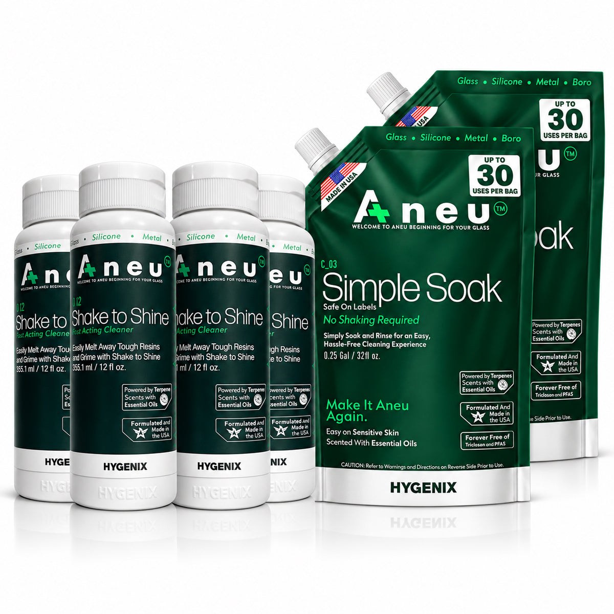 Image showing what is included in the bundle, a 4 pack of 12 fl oz shake to shine, and a 2 pack of 32 fl oz Simple Soak