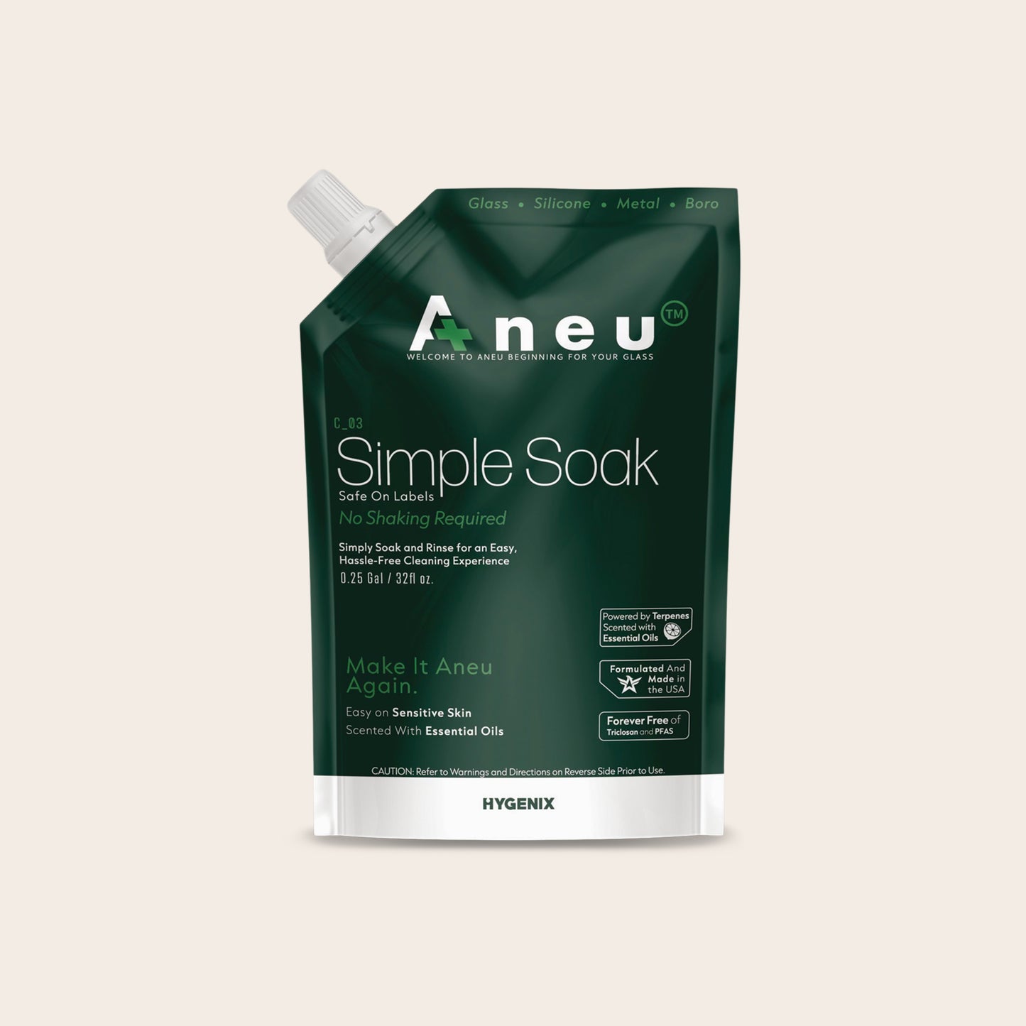 Anue's Simple Soak is a non shaking cleaning solution ideal for cleaning sovereignty glass slides and most smoking accessories. Simply Soak and Rinse for an Easy Hassle free cleaning experience.  Made in the USA.