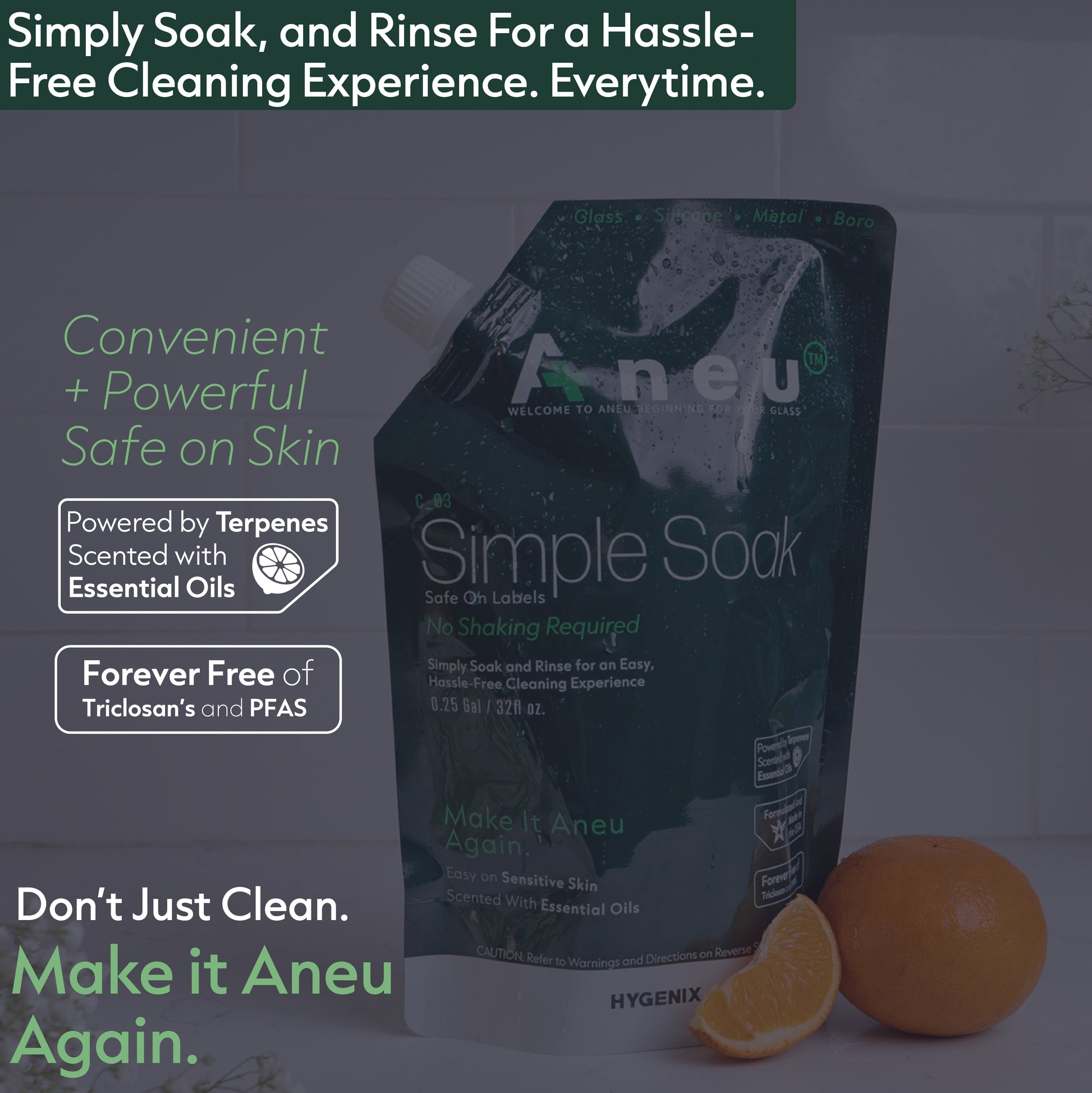 Image explains that simple soak is powered by terpenes and free of triclosan's and PFAS. 