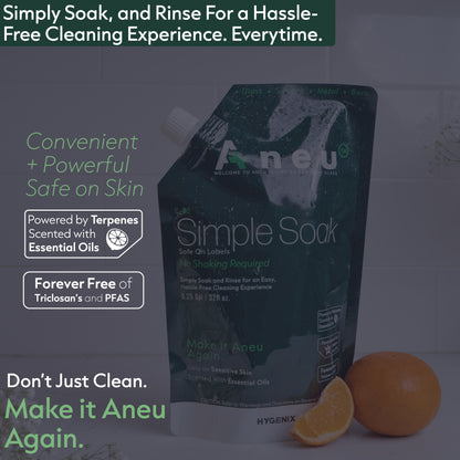 Image explains that simple soak is powered by terpenes and free of triclosan's and PFAS. 