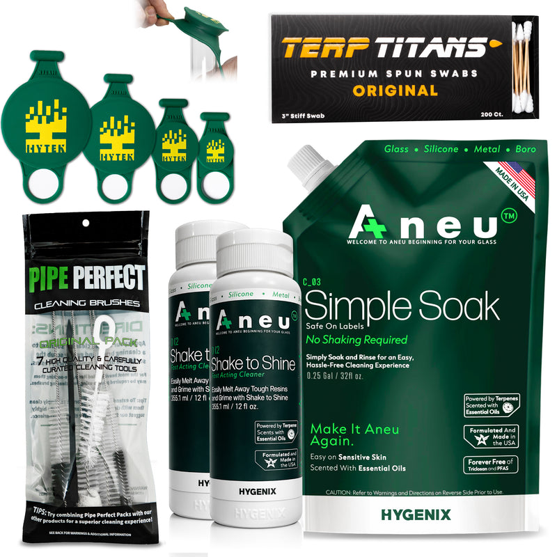 Collection of cleaning products including Aneu Simple Soak, Hygenix bottles, and other cleaning tools on a white background.