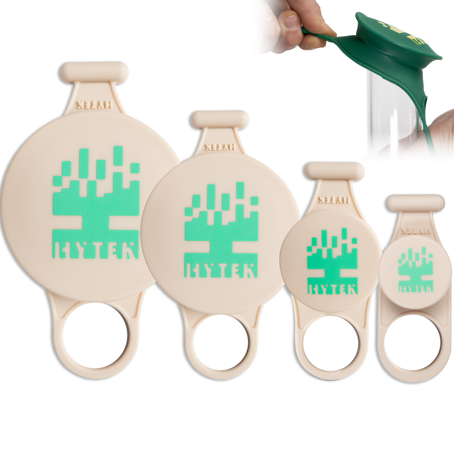 Image showing 4 beige hytek water pipe cleaning caps with green logos