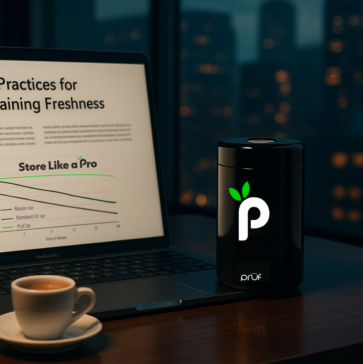 Laptop displaying a document with a coffee cup and a black container labeled 'Pruf' on a desk.