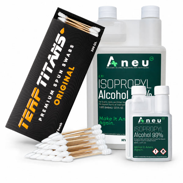 Aeu isopropyl alcohol bottles and Titan's premium spun swabs on a white background