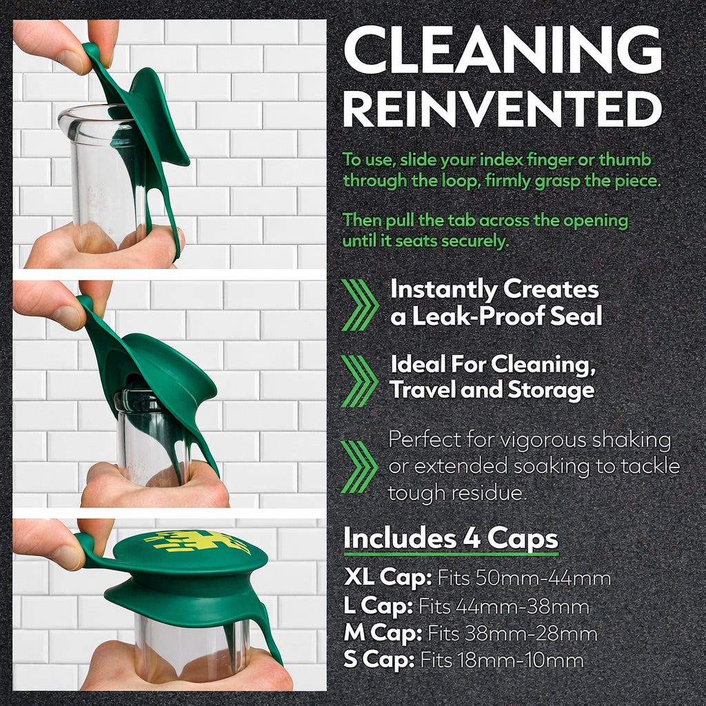 Product demonstration of a green cleaning tool with text on a tiled wall background.