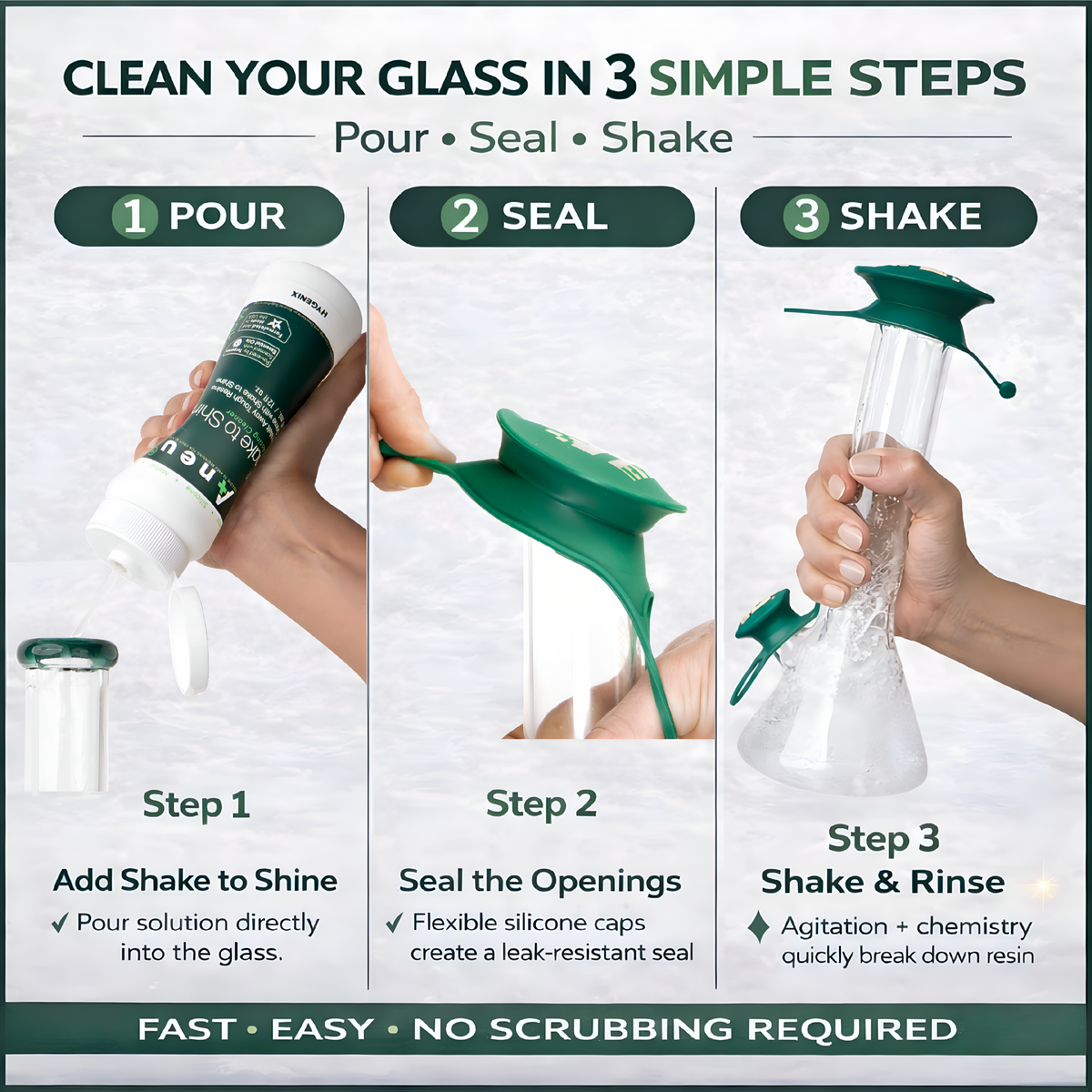 Instructions for cleaning glass with a product labeled 'Shake to Shine'.