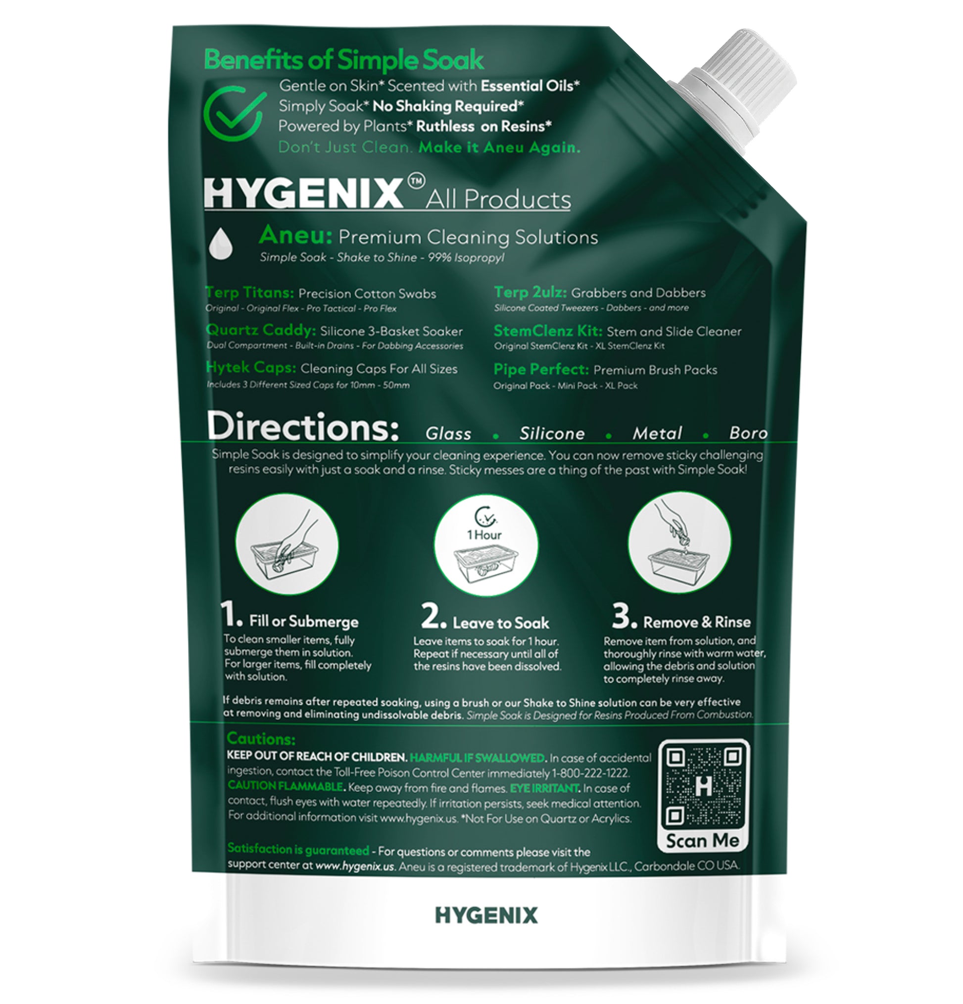 Hygenix cleaning solution packaging with directions and product details on a white background