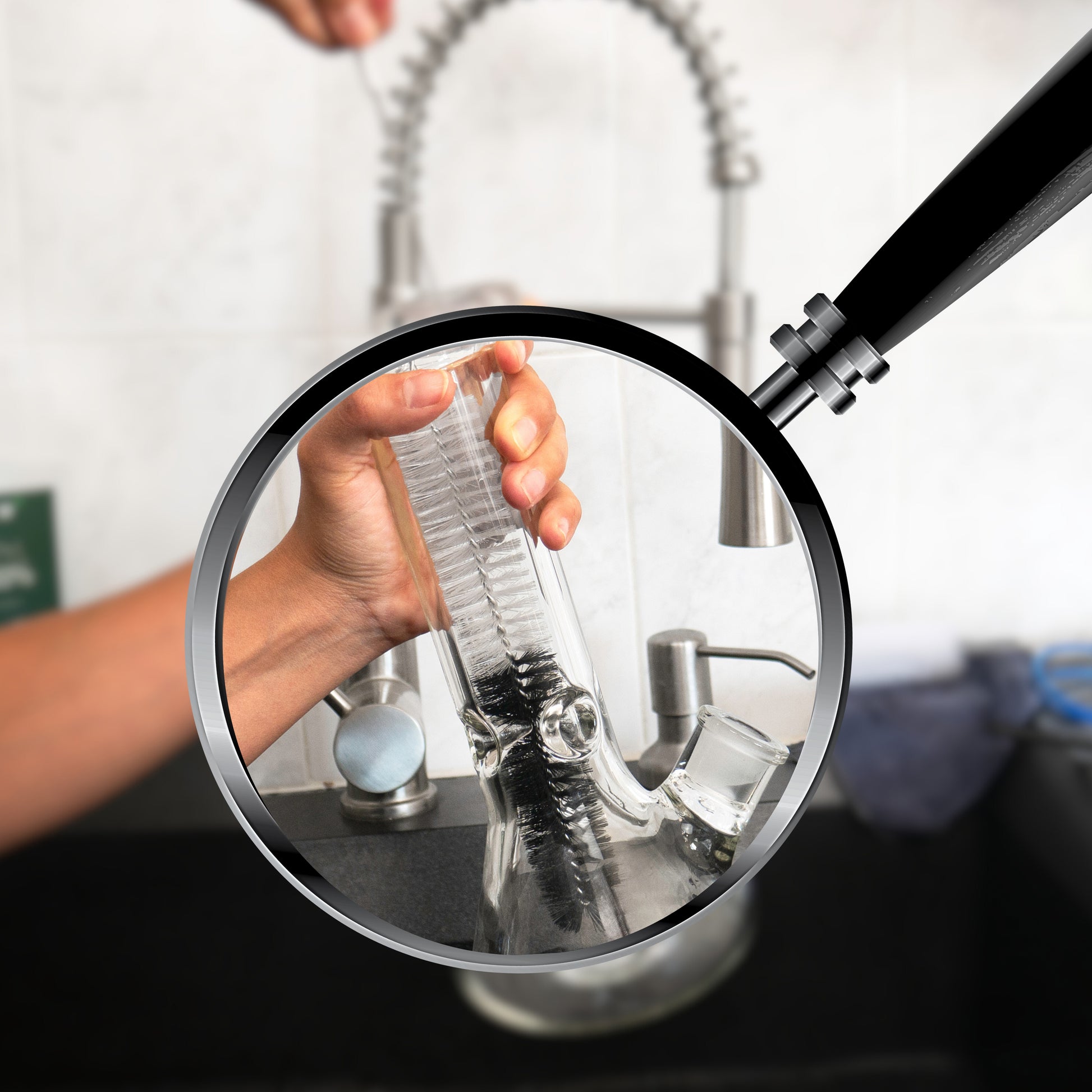 Pipe Perfect XL brush pack cleaning a bong neck over a sink with shake to shine in the background.