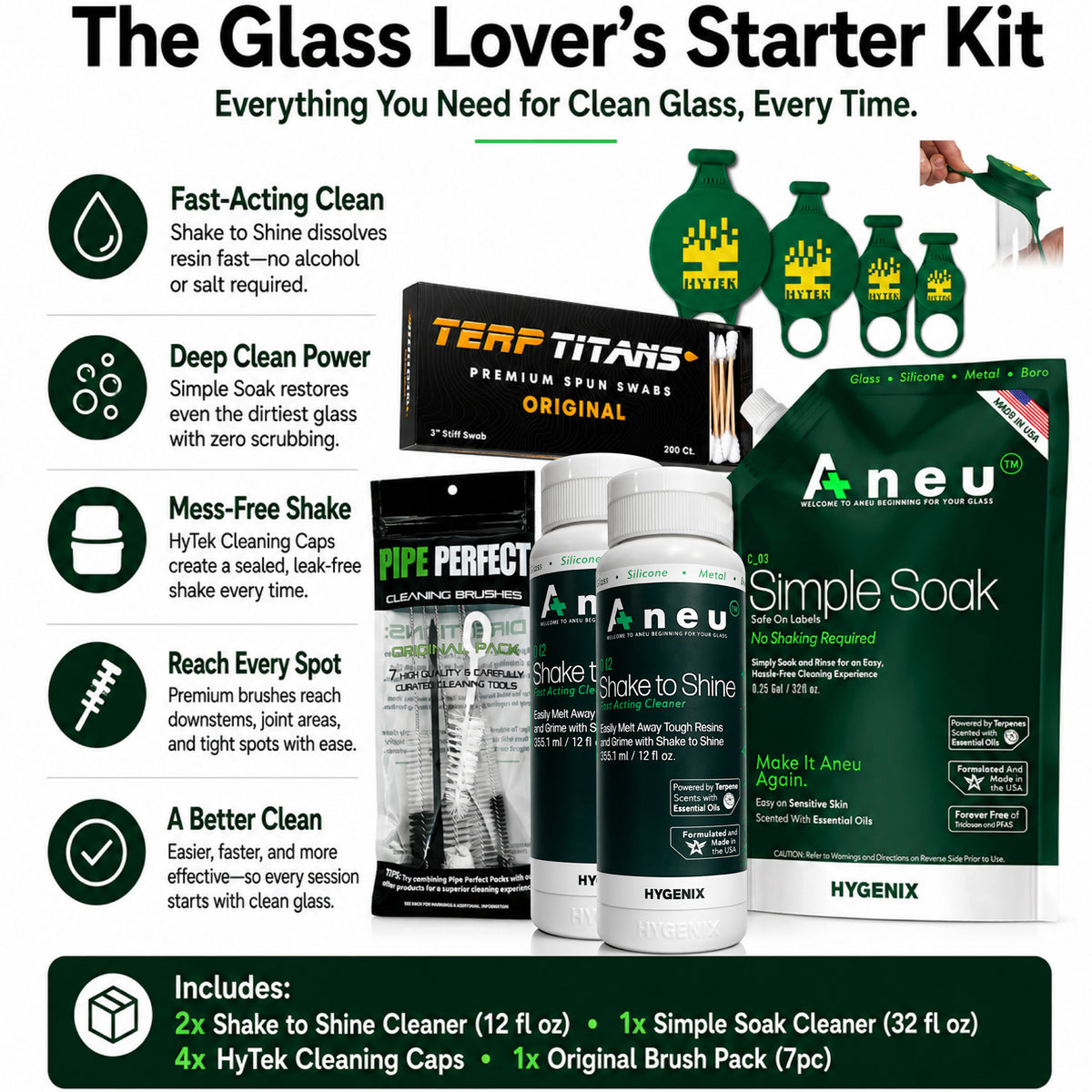 The Glass Lover's Starter Kit promotional graphic showing multiple glass-cleaning products and text callouts on a white background. Visible products include a black box labeled Terp Titans Premium cotton swabs Original, a white bottle labeled Hygienix Shake to Shine, a green-and-white Aneu Simple Soak package, and other cleaning-related items.