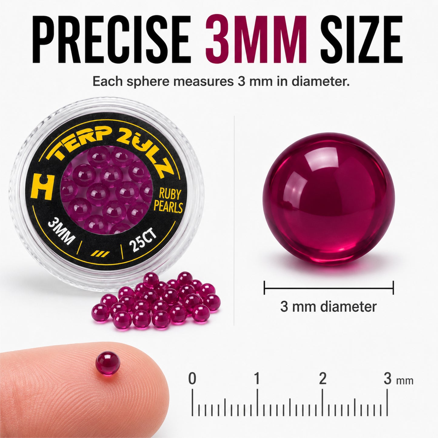 Terp 2ulz Ruby Pearls with a container, pearls on a finger, and a pearl shown with a ruler for scale.
