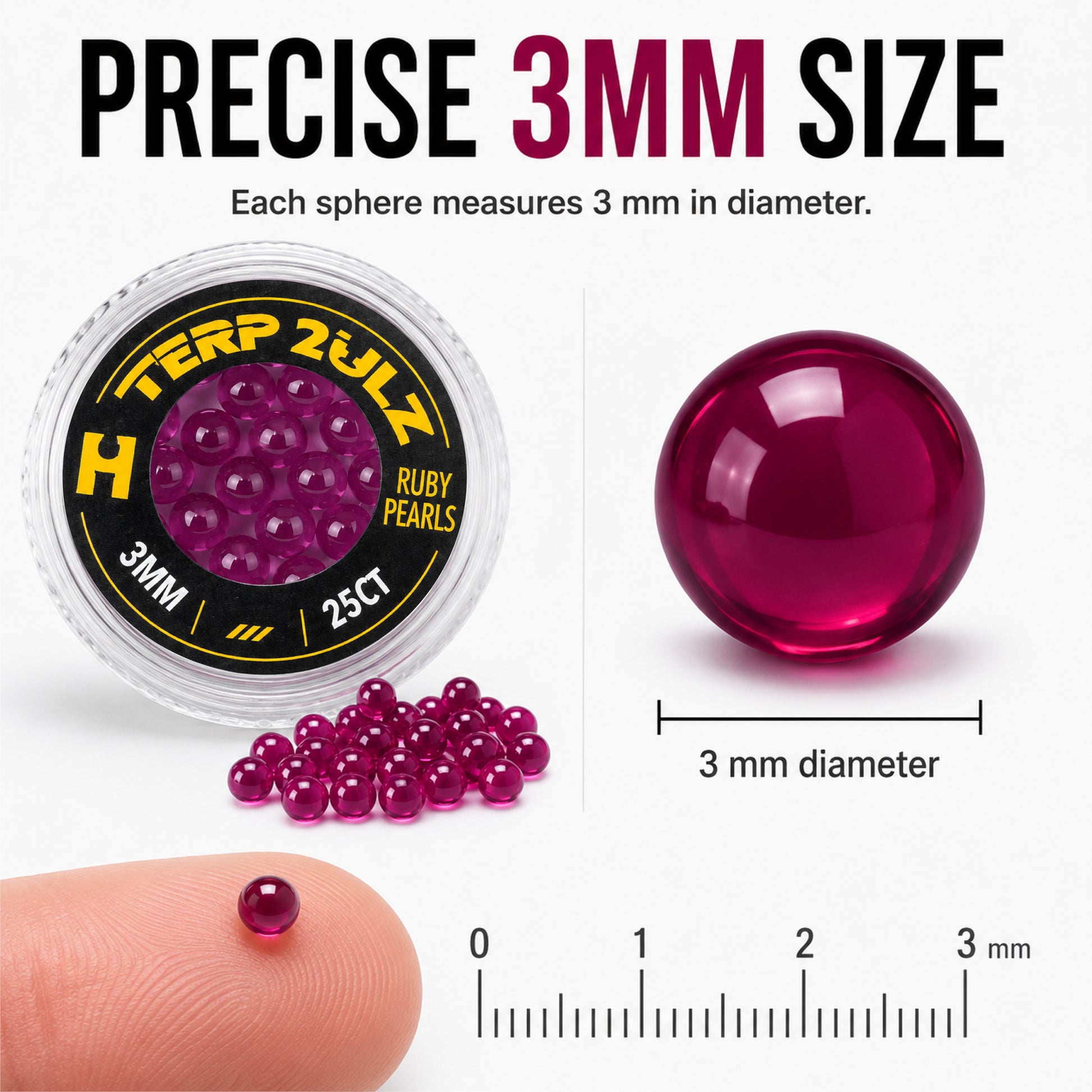 Terp 2ulz Ruby Pearls with a container, pearls on a finger, and a pearl shown with a ruler for scale.