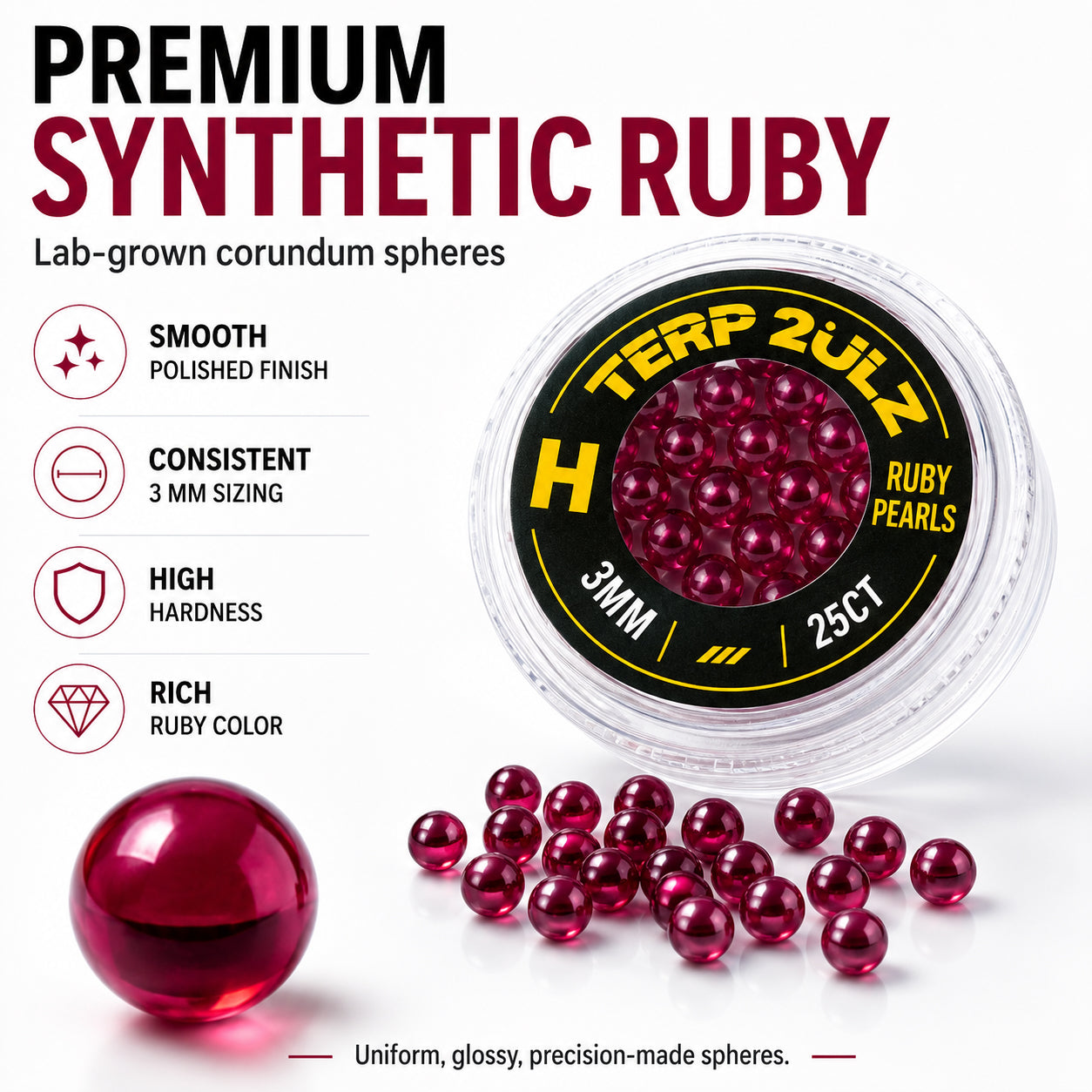 Container of Terp 2ulz synthetic rubies with product details on a white background