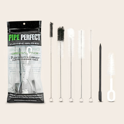 Pipe Perfect's Original brush pack is for cleaning downstems, slides, and other smoking accessories. It includes 5 cleaning brushes and a silicone scraping concentrate tool. 