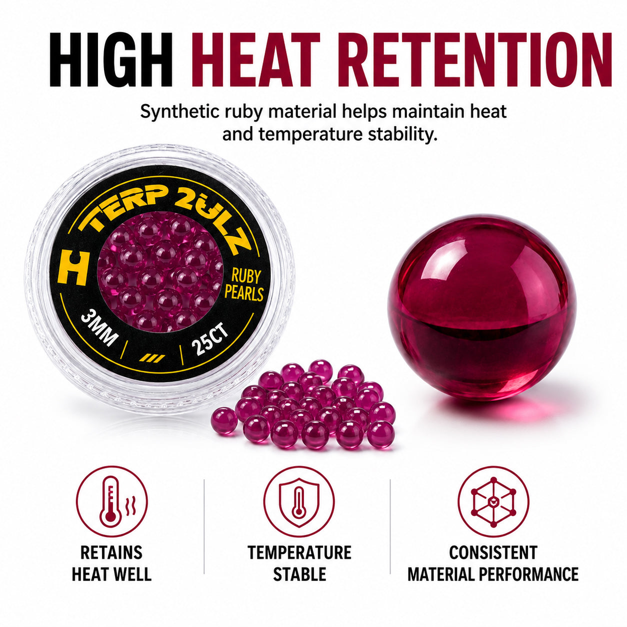 Ruby pearls with a container labeled 'Terp 2ULZ' on a white background, highlighting high heat retention properties.