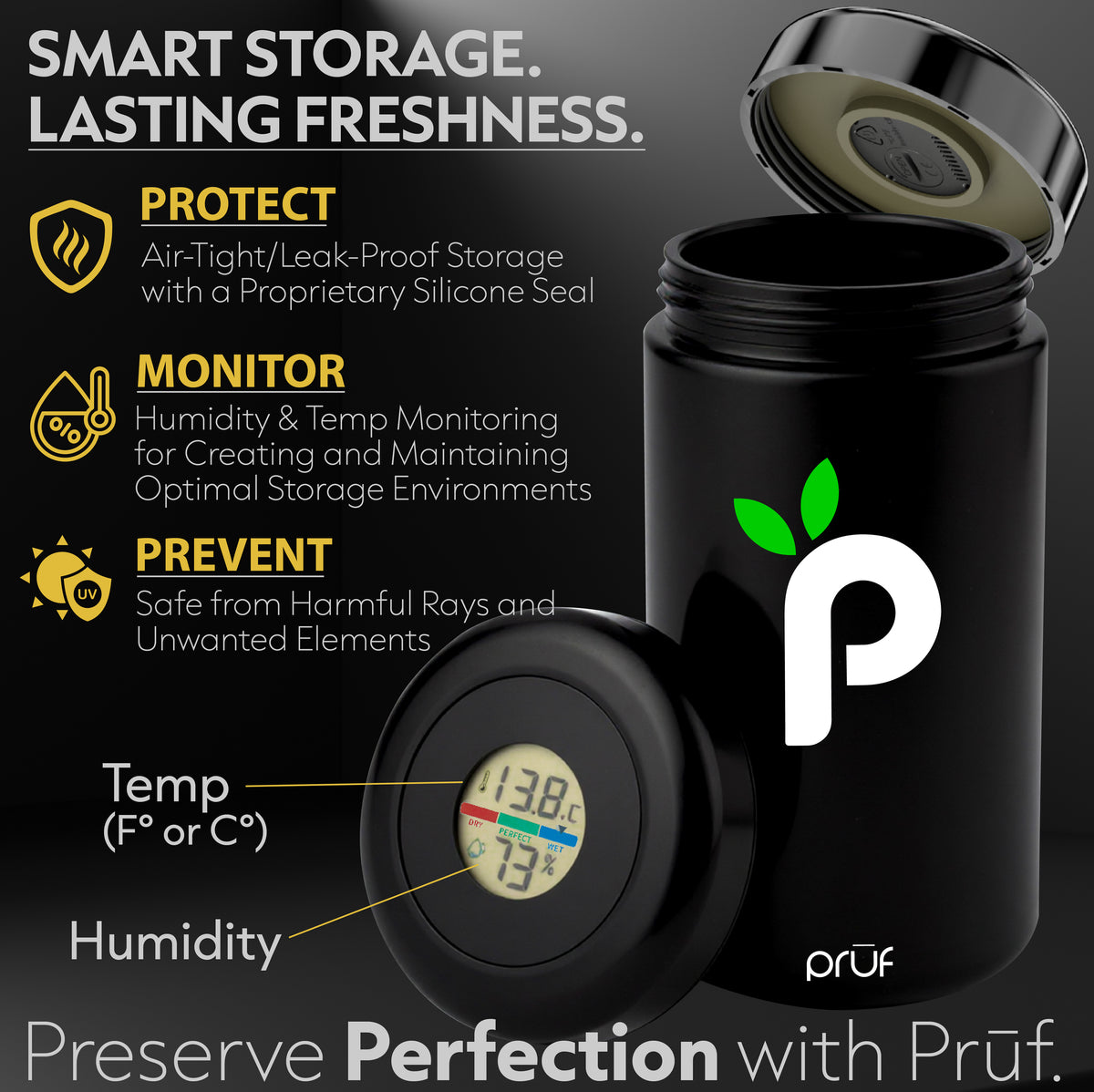 Black container with digital display and Pruf logo on a dark background