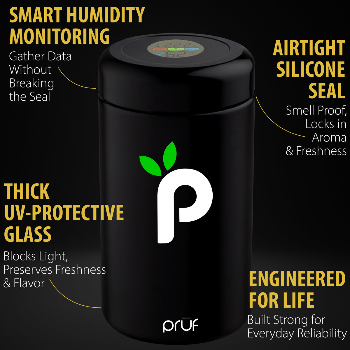 Black container with Pruf logo on a dark background, featuring text about product features.