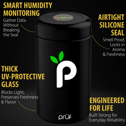 Black container with Pruf logo on a dark background, featuring text about product features.