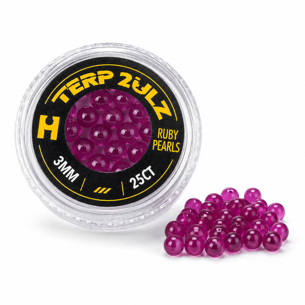 Container of purple beads labeled 'Terp 2ULZ Ruby Pearls' on a white background