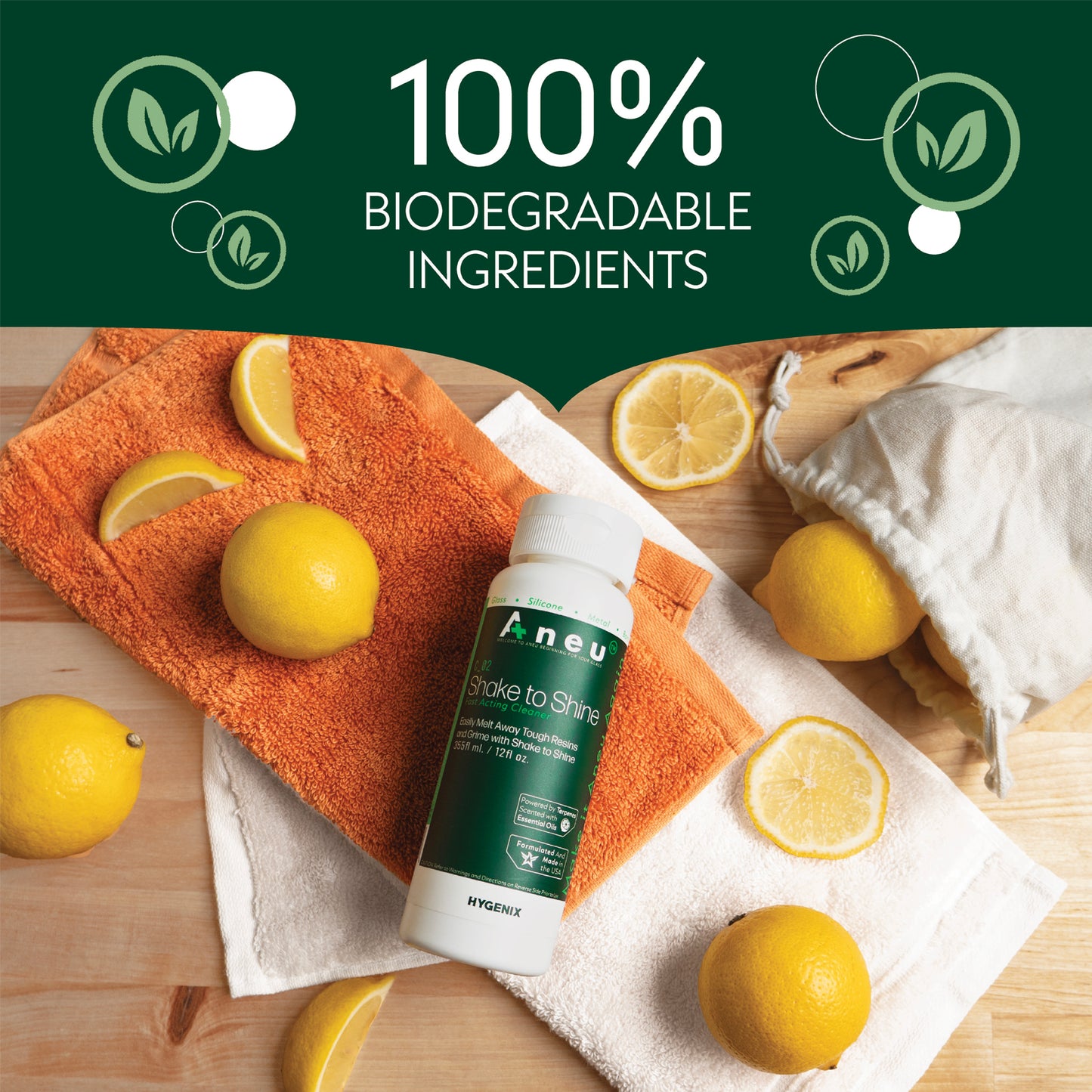 Image of shake to shine laying on a table with lemon slides laying around. 