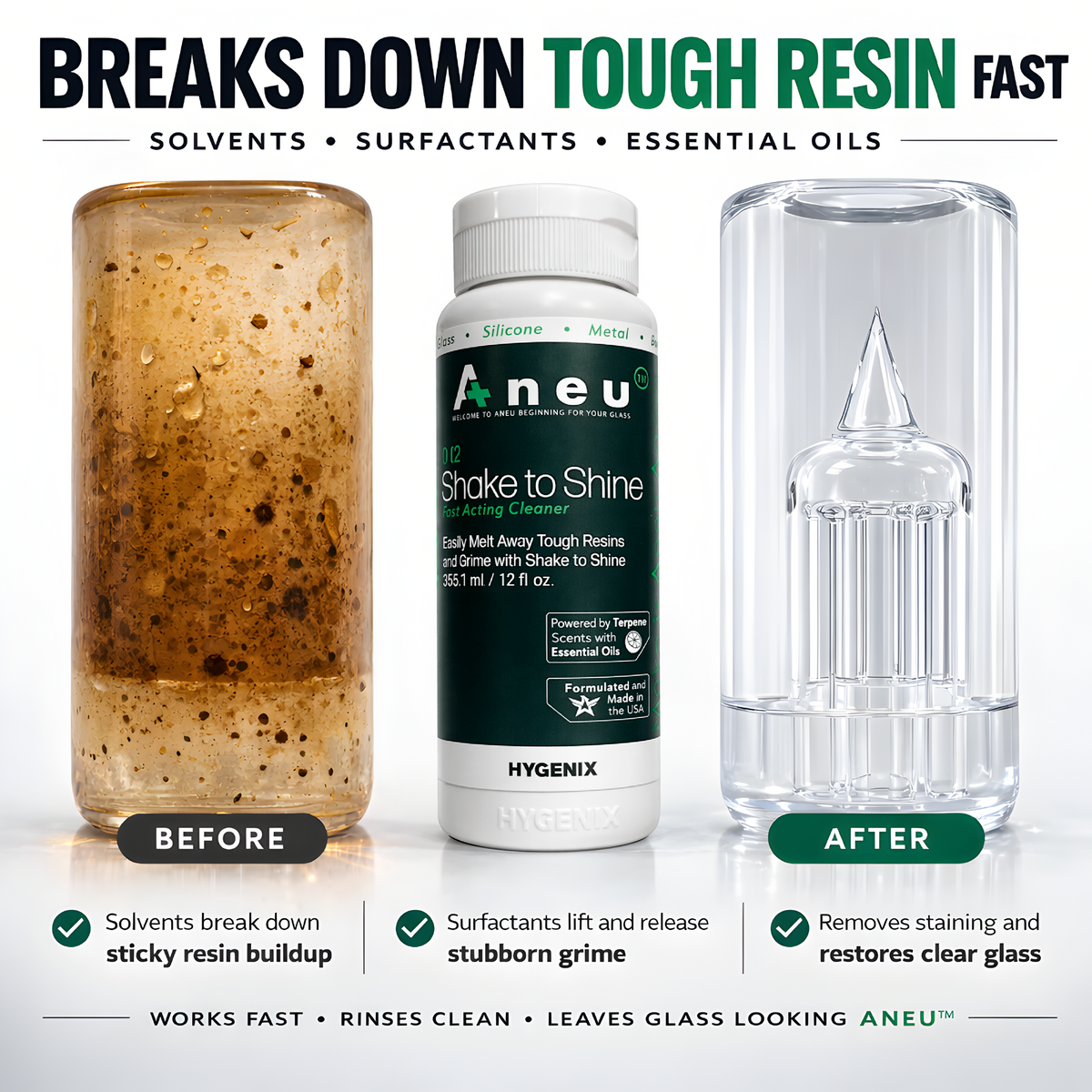 Aneu cleaning product with before and after effects on glass and resin.