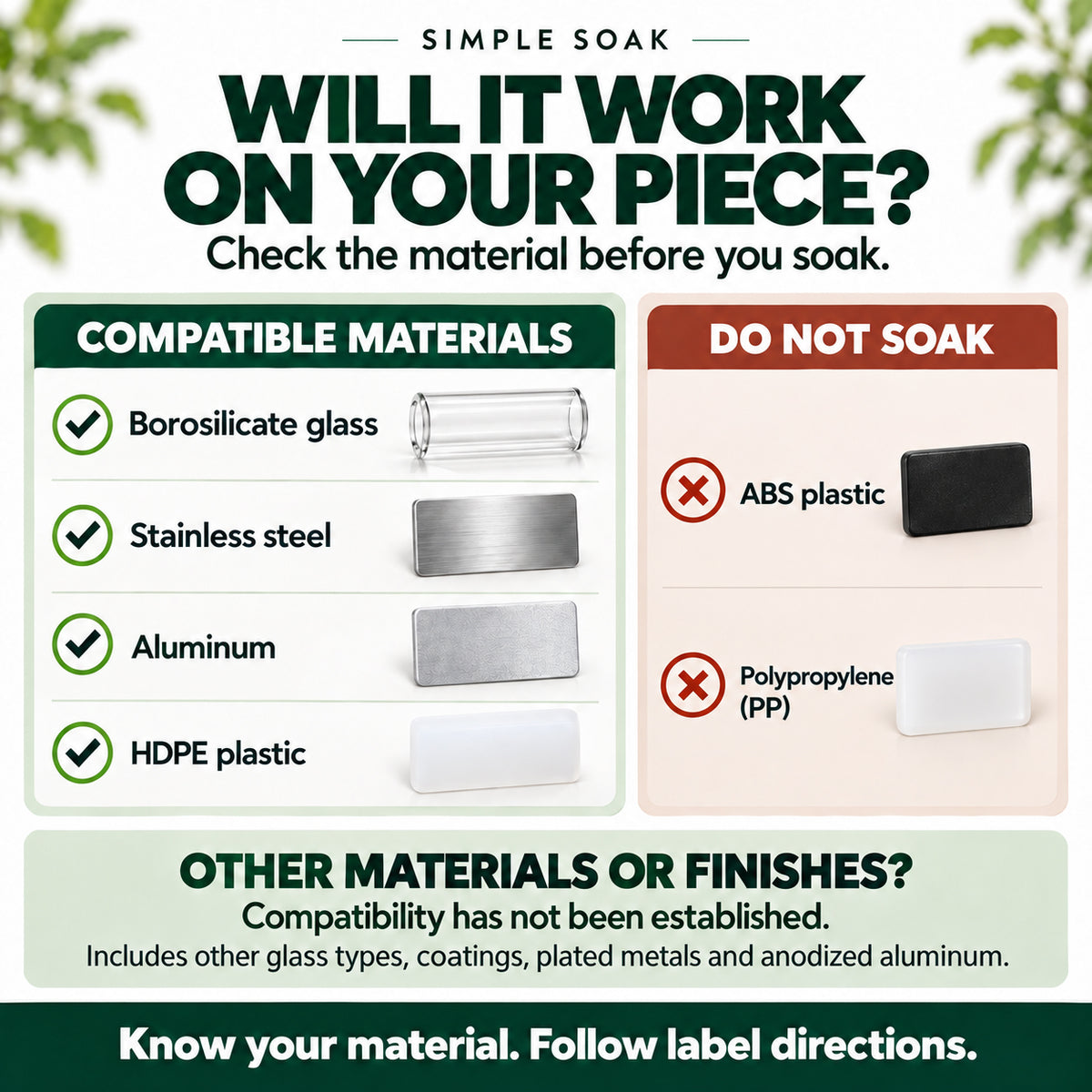 An informational graphic for Simple Soak titled 'WILL IT WORK ON YOUR PIECE?' with text explaining compatibility and showing compatible vs incompatible materials with small material sample images.