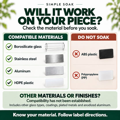An informational graphic for Simple Soak titled 'WILL IT WORK ON YOUR PIECE?' with text explaining compatibility and showing compatible vs incompatible materials with small material sample images.