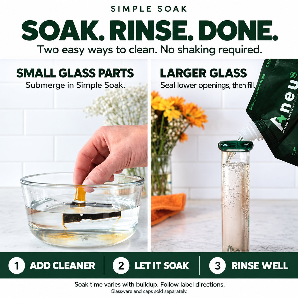 Two methods for cleaning with a product labeled 'Anew'. One method involves full submersion, and the other involves cap, fill, and soak.
