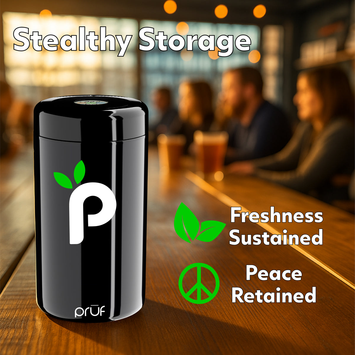 Black container with a logo on a bar counter with people in the background