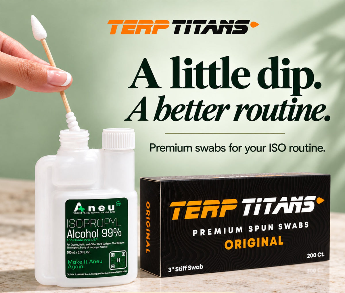 Image depicting a woman dipping a terp titan cotton swab into an isopropyl alcohol container
