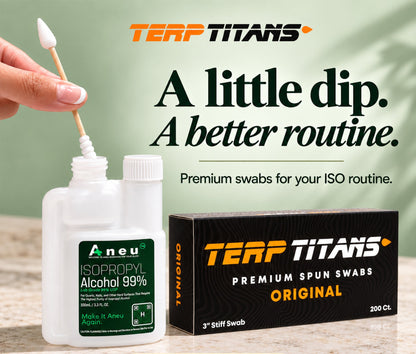 Image depicting a woman dipping a terp titan cotton swab into an isopropyl alcohol container