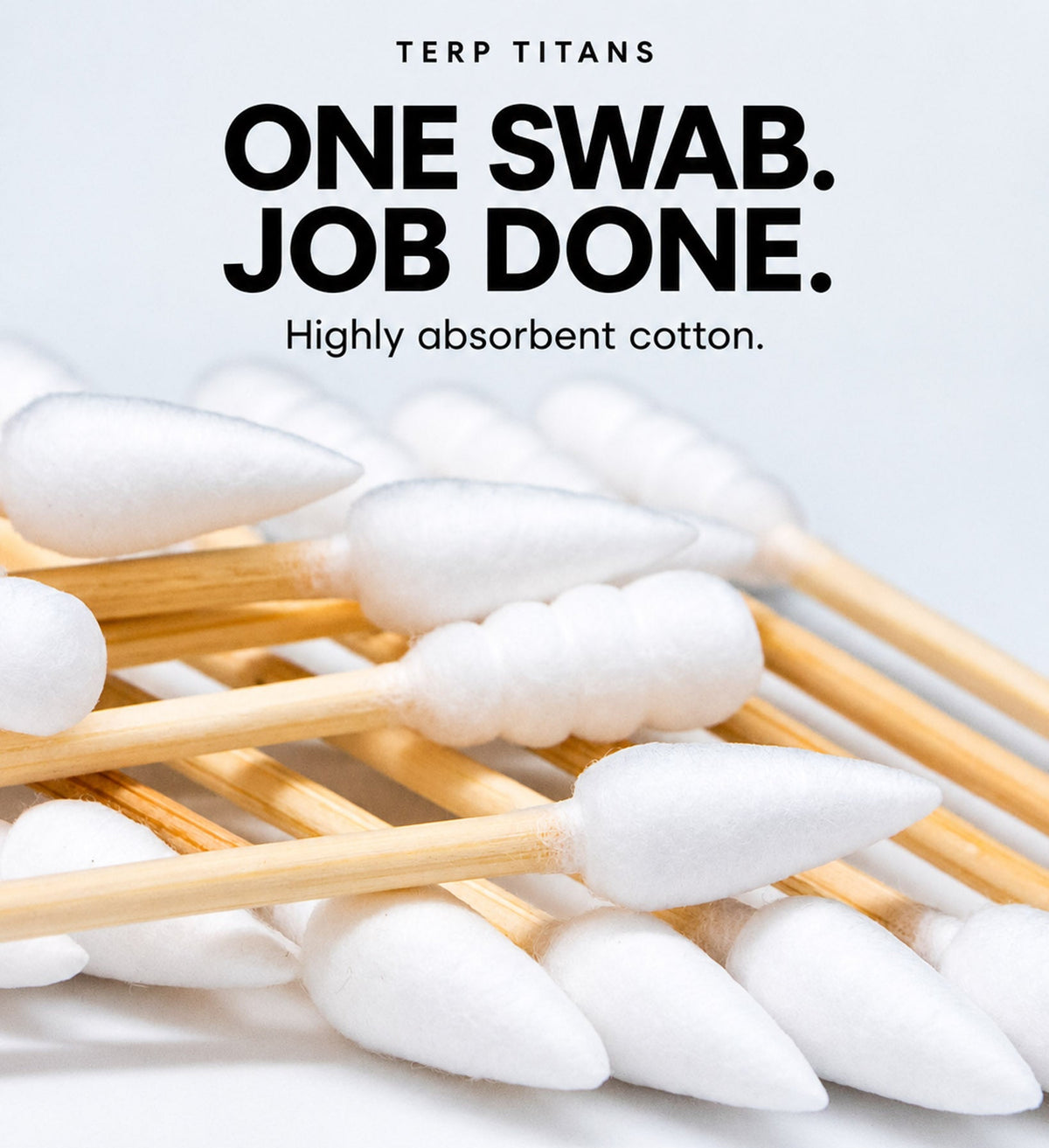 A pack of white cotton swab q-tips on wooden sticks, with promotional text reading 'ONE SWAB. JOB DONE.