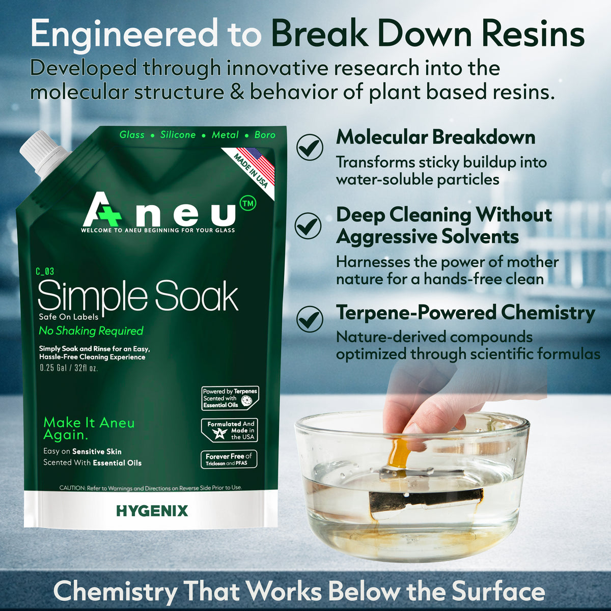 Aneu Simple Sock product packaging with cleaning demonstration and text about its features.