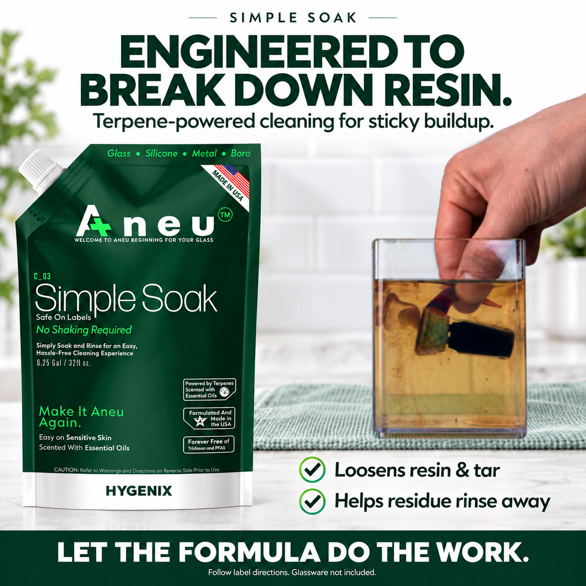 Hand using a cleaning tool to remove residue from a glass container with text about product features.
