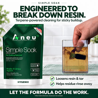 Hand using a cleaning tool to remove residue from a glass container with text about product features.